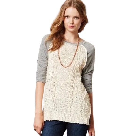 Anthropologie Dolan Ivory/Gray 3/4 Sleeve Crochet Pullover Sweater - S - Picture 12 of 12